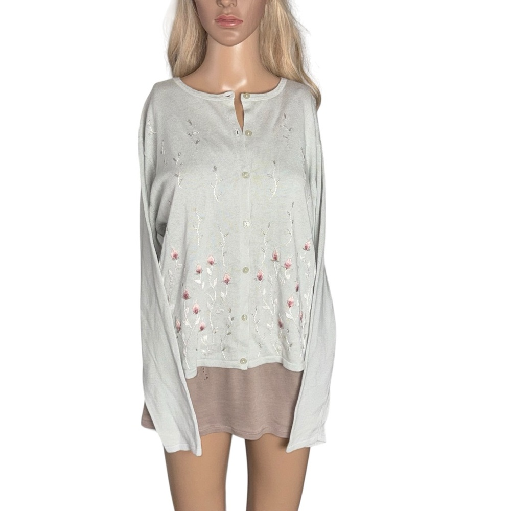 Casual Corner Annex Granny Core Cardigan Embroidered Soft Sage Green Size L